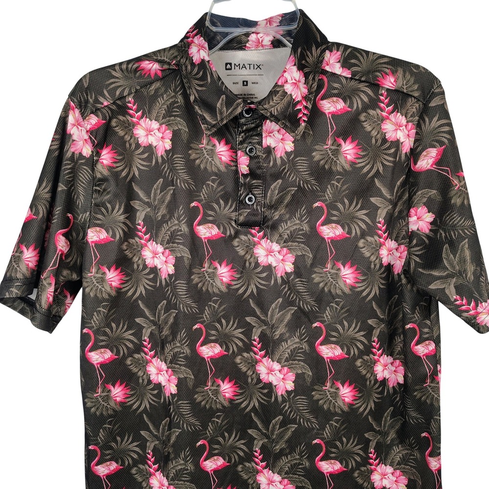 Matix Mens S Flamingo Floral Polo Shirt Black Pink Tropical Vacation Gorpcore